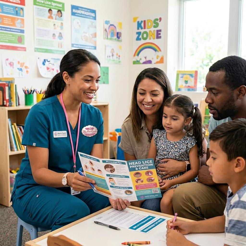 Technician teaching family lice prevention steps