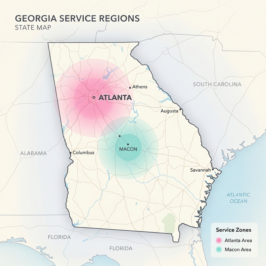 Georgia service region map highlighting Atlanta and Macon service hubs