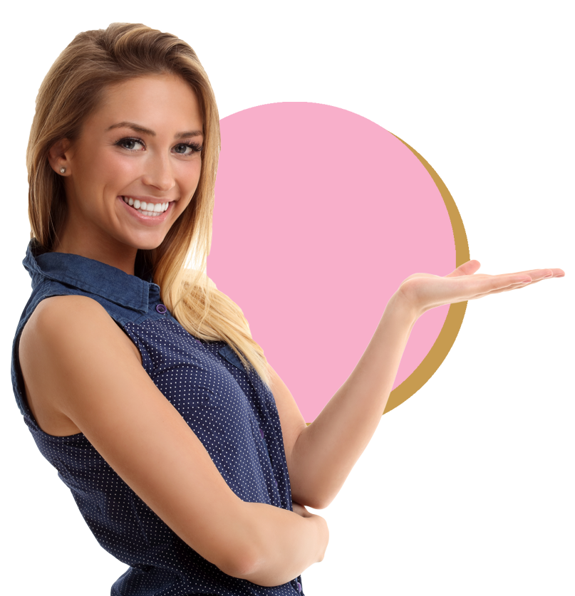 A woman holding out her hand in front of a pink heart.